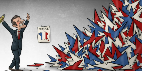 Le dessin du Néerlandais Tjeerd Royaards représentant Emmanuel Macron lors de sa réélection. © Tjeerd Royaards, Cartooning for Peace