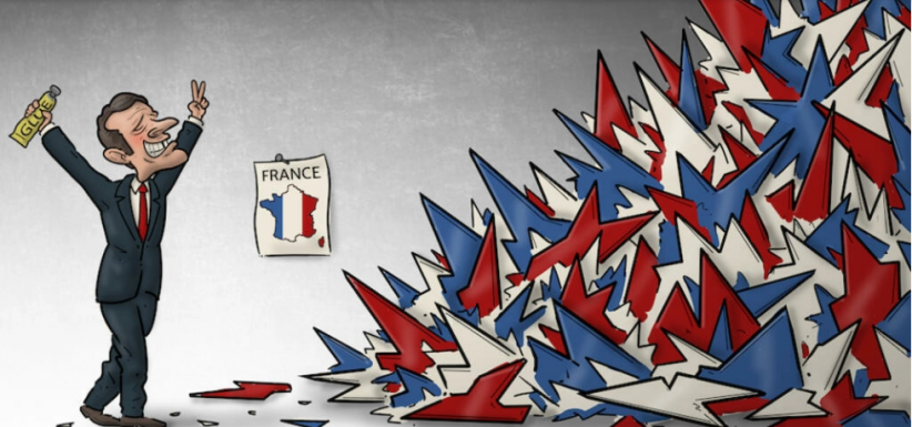 Le dessin du Néerlandais Tjeerd Royaards représentant Emmanuel Macron lors de sa réélection. © Tjeerd Royaards, Cartooning for Peace